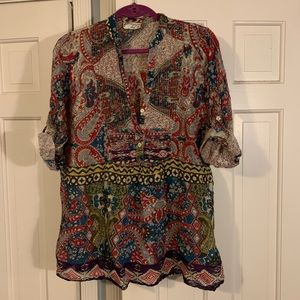 Patterned Mock V Neck Sheer Tunic w 3/4 Sleeves